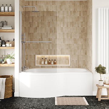 Nuie White B-Shaped Shower Bath with Front Panel and Curved Bath Screen 1700 x 900mm