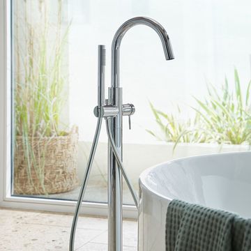 Vado Safari Floorstanding Bath Shower Mixer Tap with Curved Spout - Side Action Handle