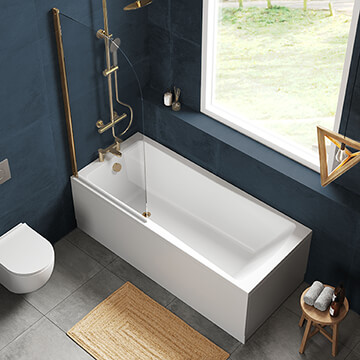 Nuie Eternalite Single Ended Straight Bath with Curved Swing Screen and Panel - 1700mm Length