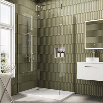 Nuie Frameless Walk-In Wetroom Shower Enclosure with Support Bars and Rectangular Tray