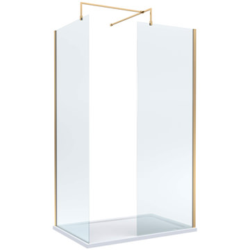 Nuie Frameless Walk-In Shower Enclosure with Support Bars and Tray - Brushed Brass Profile