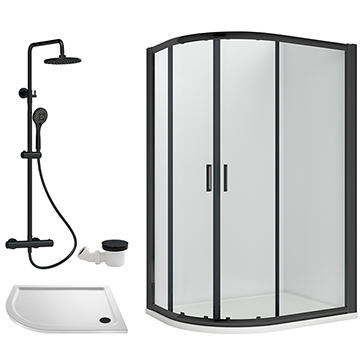 Nuie Rene Matt Black Offset Quadrant Shower Enclosure with Tray and Round Riser Rail Kit