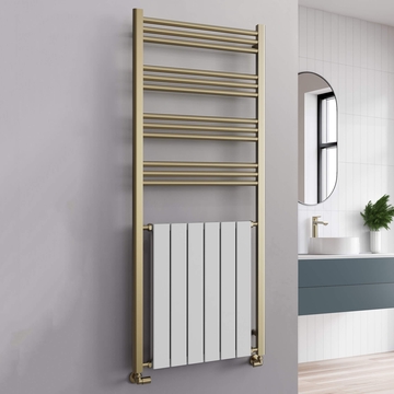 Vogue Harmonique Brushed Brass Towel Rail with Double Panel White Inset Radiator - 500mm Wide