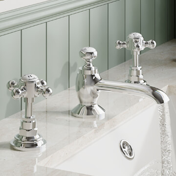 Hudson Reed Topaz 3 Hole Traditional Basin Mixer Tap with Pop-Up Waste - Crosshead Handles