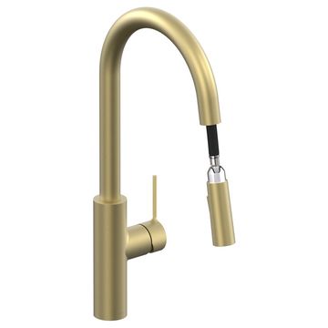 Vado Safari Pull Out Satin Brass Kitchen Sink Mixer Tap - Swivel Spout - Slim Stick Handle