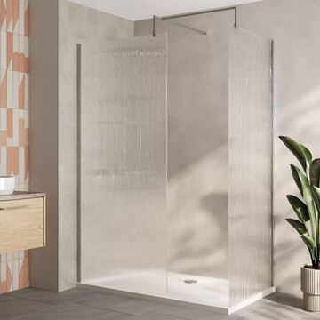 Nuie Frameless Fluted Glass Walk-In Shower Enclosure with Support Bars and Rectangular Tray