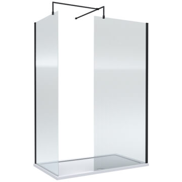 Nuie Frameless Fluted Glass Wetroom Screen with Bars and Tray - Matt Black Profile