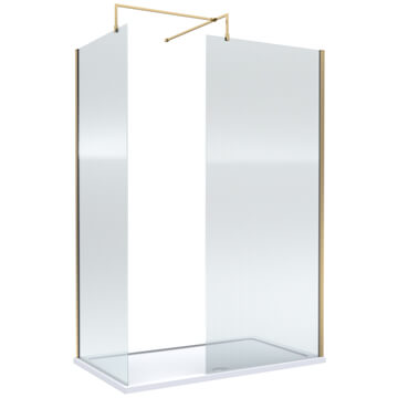 Nuie Frameless Fluted Glass Wetroom Screen with Bars and Tray - Brushed Brass Profile