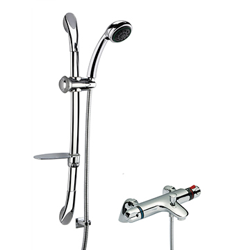 Nuie Reef Deck Mount Thermostatic Bath Mixer with Luxury Curved Slider Rail Kit - Chrome