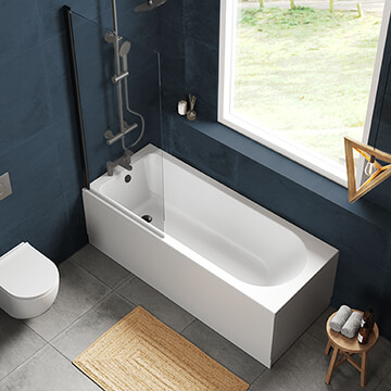 Nuie Single Ended Bath with Straight Swing Screen and Panel - 4mm Acrylic - 1700mm Length