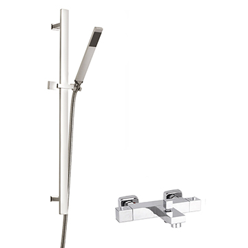 Nuie Square Thermostatic Bath Shower Mixer and Sheer Rectangular Slide Rail Kit - Chrome