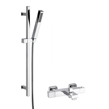 Nuie Square Thermostatic Bath Mixer with Kubix Slide Rail and Shower Handset - Chrome
