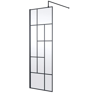 Nuie Abstract Matt Black Grid Wetroom Shower Screen with Support Bar - Aluminium Outer Frame