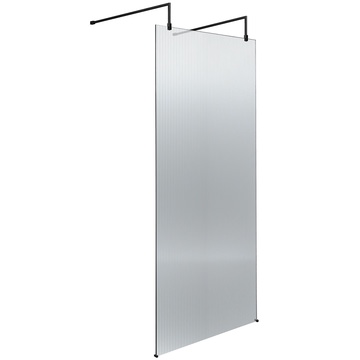 Nuie Frameless Fluted Matt Black Wetroom Shower Screen with Support Arms and Feet - Aluminium Frame