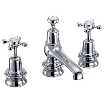 Burlington 3 Hole Traditional Basin Mixer Tap with Waste and Regent Base - Claremont Handles - Image