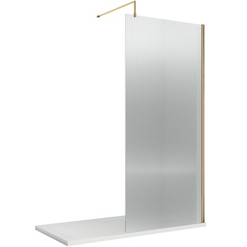 Nuie Semi-Frameless Fluted Glass Brushed Brass Walk In Shower Screen with Support Bar - Aluminium Frame