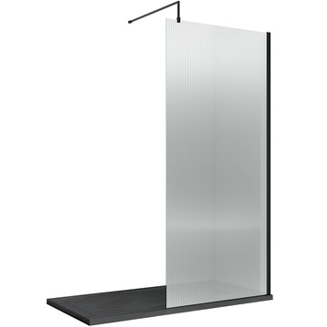 Nuie Semi-Frameless Fluted Glass Matt Black Walk In Shower Screen with Support Bar - Aluminium Frame