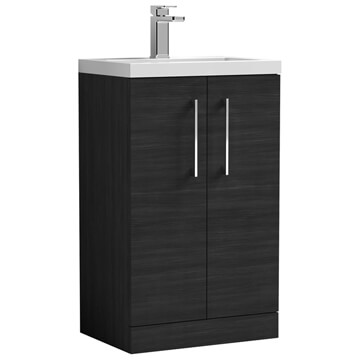 Nuie Arno Compact Floorstanding Charcoal Black Woodgrain Vanity Unit with Basin & Handles