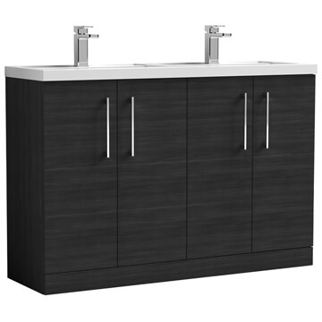 Nuie Arno Floorstanding Double Sink Black Woodgrain Vanity with His and Her Basin- 4 Doors