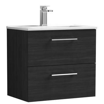 Nuie Arno Wall Hung Charcoal Black Vanity Unit with Basin and Handles - 2 Drawers
