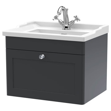 Nuie Classique Wall Hung Soft Black Vanity Unit with Fireclay Basin and Knob Handle