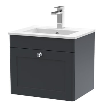 Nuie Classique Wall Hung Soft Black Vanity Unit with Basin and Knob Handle - 505 x 449mm