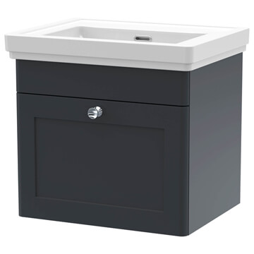 Nuie Classique Wall Hung Traditional Soft Black Vanity with Basin and Handle