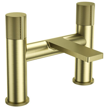 Aquaflow Azar Deck Mounted Brushed Gold Round Bridge Bath Mixer Tap - Knurled Handles