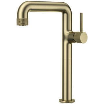 AquaFlow Desio Brushed Brass Tall Industrial Basin Mixer Tap with Waste - Knurled Handle