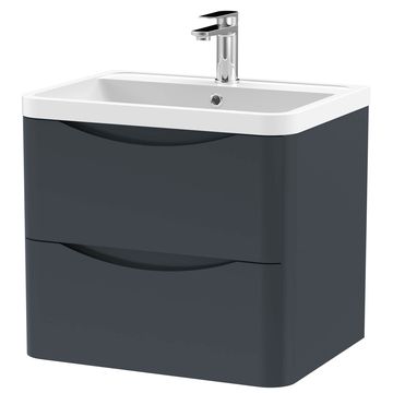 Nuie Lunar Wall Mounted Curved Soft Black Vanity Unit with Basin - Two Drawer