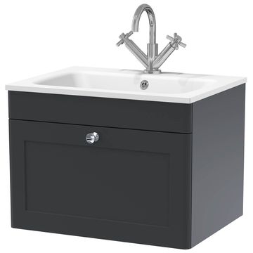 Nuie Classique Wall Hung Soft Black Vanity Unit with Basin and Handle - 447mm High