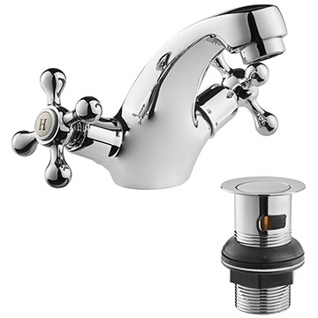 Deva Tudor Traditional Mono Basin Mixer Tap - Pop-Up Waste - Crosshead Handles Chrome