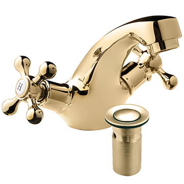 Deva Tudor Traditional Mono Basin Mixer Tap - Pop-Up Waste - Crosshead Handles Gold
