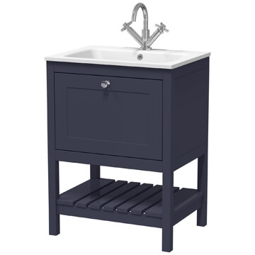 Nuie Bexley Floorstanding Open Shelf Indigo Blue Vanity Unit with Stone Basin - 1 Drawer