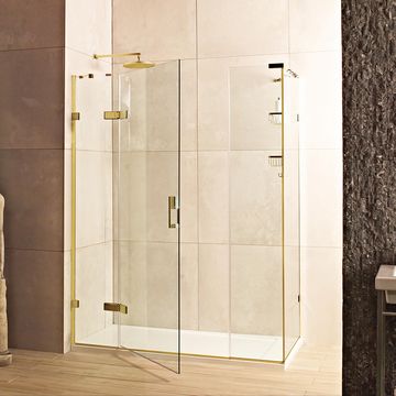 Roman Liberty Brushed Brass Hinged Shower Door with Two In-Line Panels for Corner Fitting