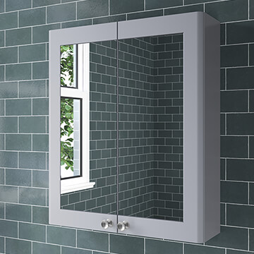 QS Basics Regal Traditional Satin Grey Mirror Cabinet with Knob Handles - 600 x 715mm