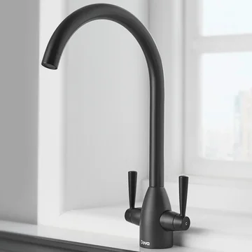 Deva Carlow Contemporary Matt Black Kitchen Sink Mixer Tap with Swan Neck Swivel Spout