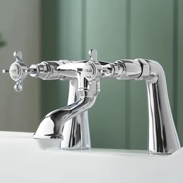 Deva Coronation Traditional Bridge Bath Mixer Tap with Long Spout - Crosshead Handles - Deck Mounted