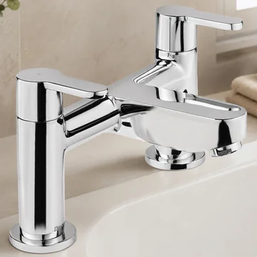 Deva Ethos Contemporary Bridge Bath Filler Tap - Flat Handles and Spout - Deck Mounted