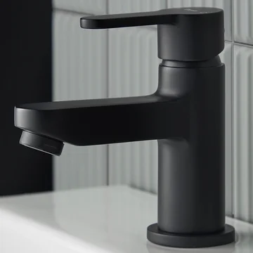 Deva Ethos Mini Matt Black Basin Mixer Tap with Press Top Waste - Flat Handle - Deck Mounted