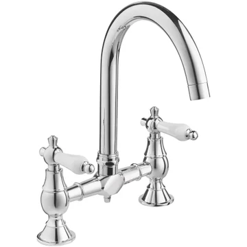 Deva Georgian Traditional Chrome Bridge Kitchen Sink Mixer Tap - Swivel Spout - Ceramic Handles