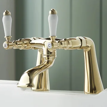 Deva Georgian Traditional Gold Bridge Bath Filler Tap with Curved Spout - Ceramic Handles