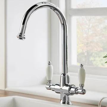 Deva Georgian Dual-Flow Traditional Kitchen Sink Mixer Tap - White Ceramic Handles
