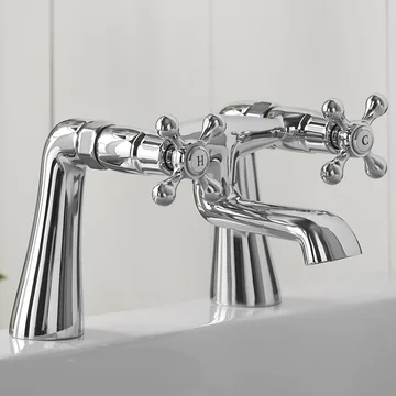 Deva Tudor Traditional Bridge Bath Filler Tap with Long Spout - Crosshead Handles - Deck Mounted