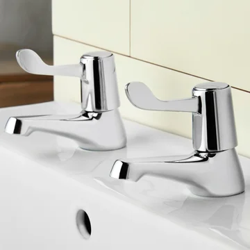 Deva Vitality Chrome Pair of Basin Taps with Long Spout - Lever Handles - Deck Mounted