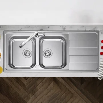 Clearwater Cresta Stainless Steel Inset Kitchen Sink with Drainer and Waste - 2 Bowl - 1160 x 500mm