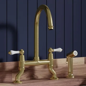 Clearwater Elegance Traditional Bridge Brushed Brass Kitchen Mixer Tap with Detached Spray