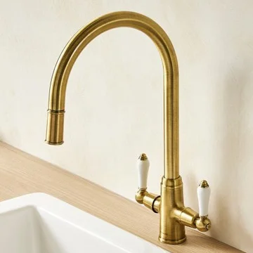 Clearwater Elegance Traditional Mono Brushed Brass Pull Out Kitchen Mixer Tap - Ceramic Handles