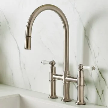 Clearwater Elegance Traditional 3-Hole Bridge Pull-Out Kitchen Sink Mixer Tap - Ceramic Handles