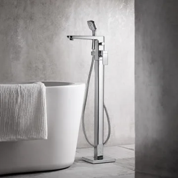 Deva Wai Floorstanding Bath Mixer Tap with Shower Handset and Hose - Side Action Flat Handle